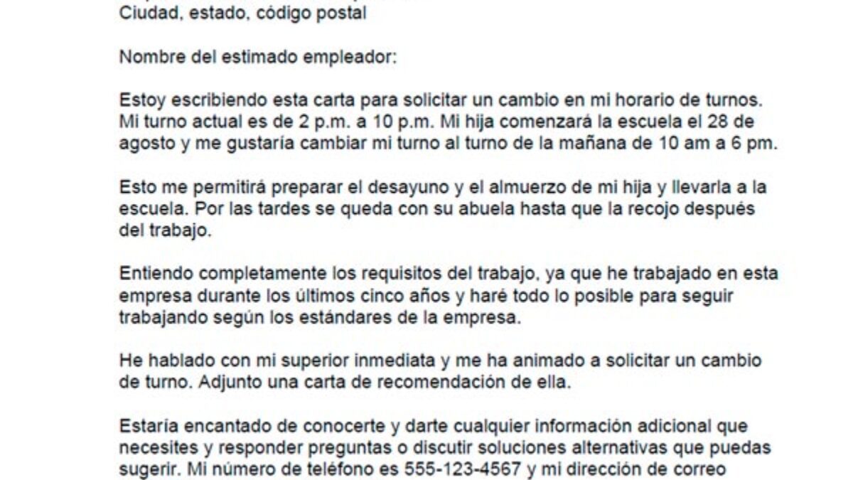 Formato De Carta Para Cambio De Jornada Escolar